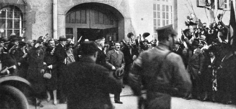 Adolf Hitler leaves Jena's University after the lecture of Race researcher Hans Günther